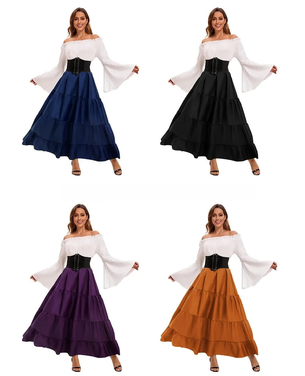 Medieval Renaissance Costume Dress — Off-Shoulder Victorian Queen Outfit with Waist Corset