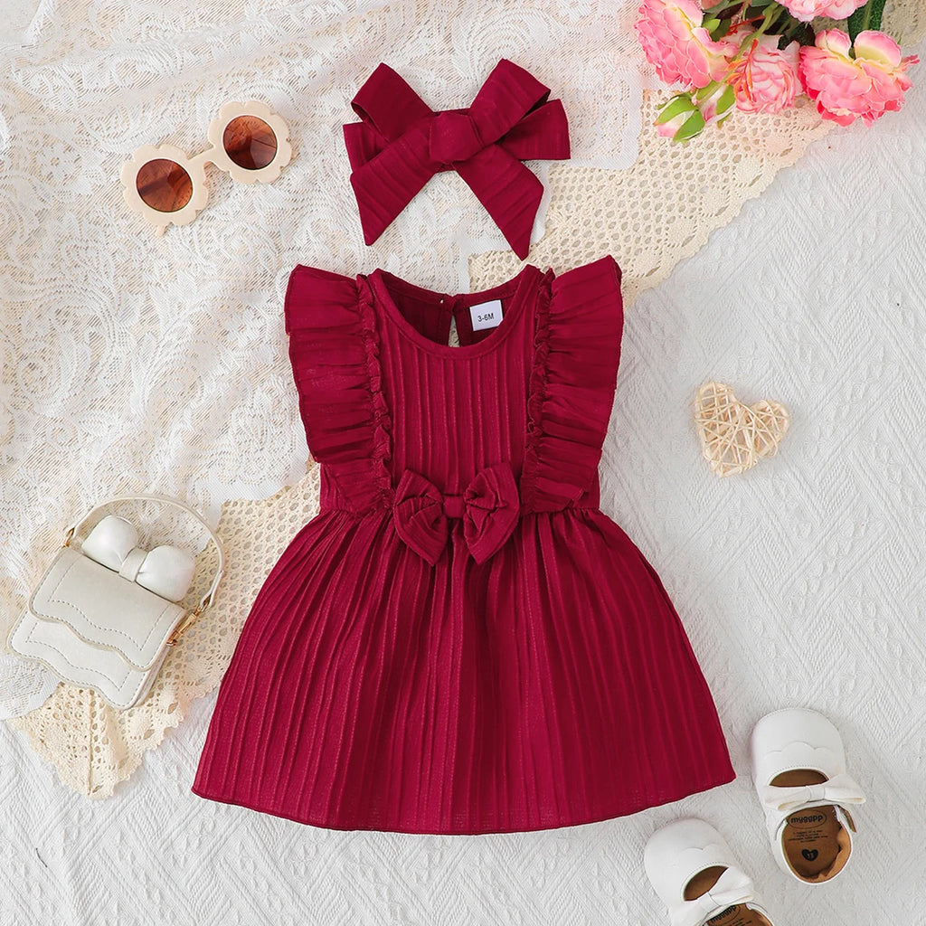 Baby Girl Sleeveless Ruffle Dress + Headband Set – Solid Color Fashion Summer Dress 0-24 Months