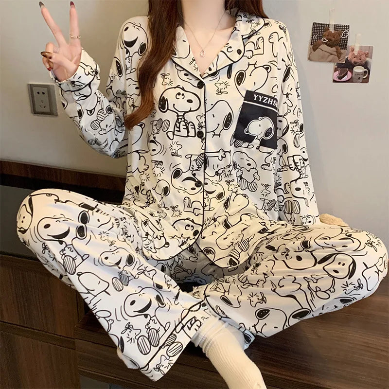Women's Snoopy Cartoon Long Sleeve Pajamas Set | Cute Anime Loungewear for Students