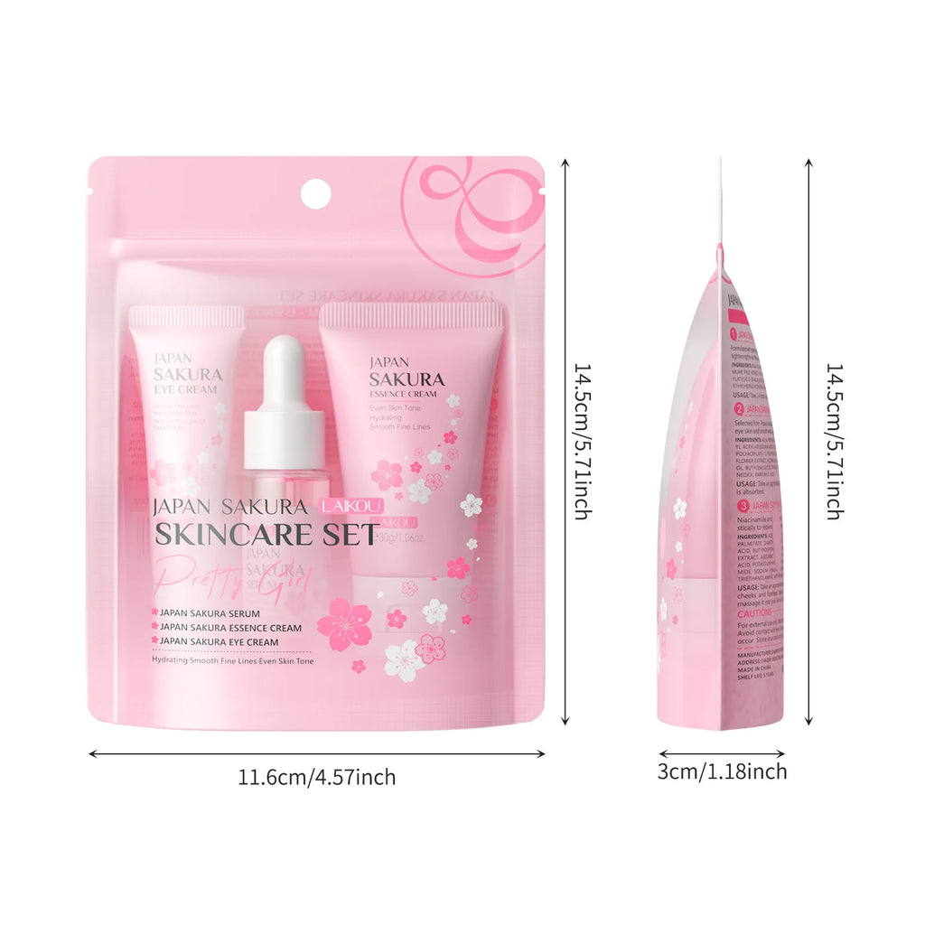 LAIKOU Sakura Skincare Gift Set – Brightening Serum, Eye Cream & Essence Cream 3-Piece Box