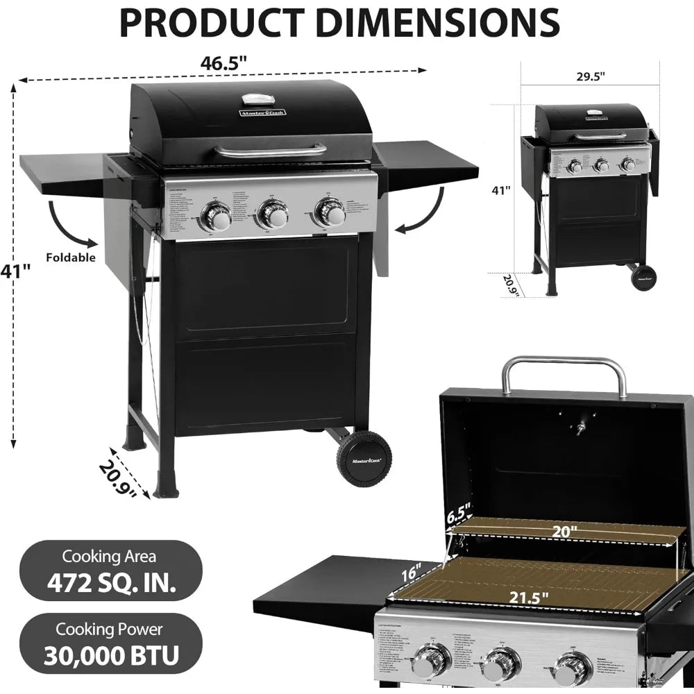 3-Burner Propane Gas Grill | 472 Sq. In., 30,000 BTU, Stainless Steel, Foldable Side Tables, Built-in Thermometer