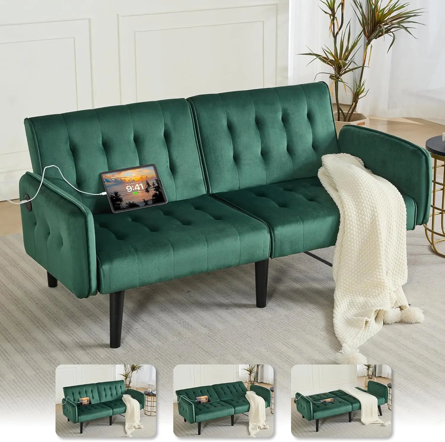 Sofa, Bed & Charging Station in One — TYBOATLE 65" Futon Sofa Bed | 2 USB Ports, Tufted Linen, Adjustable Loveseat for Small Spaces