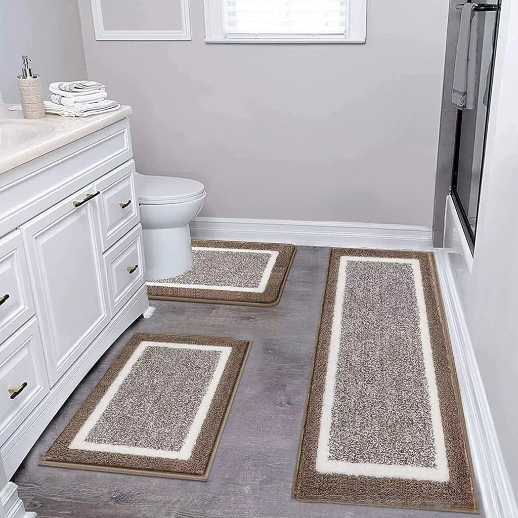 Washable Microfiber Bathroom Rug Set – 3-Piece Non-Slip Absorbent Bath Mats with U-Shaped Toilet Mat, 8 Colors