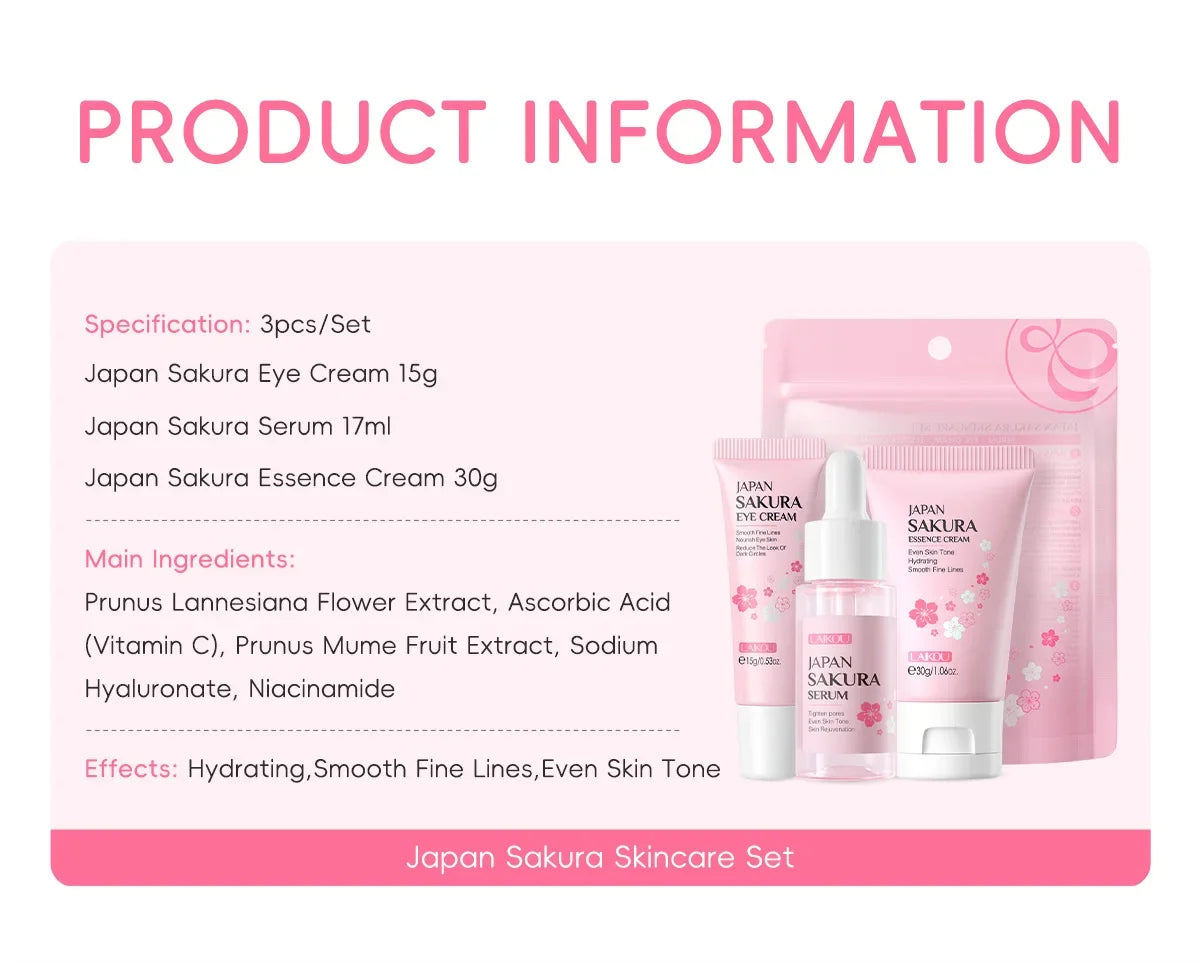LAIKOU Sakura Skincare Gift Set – Brightening Serum, Eye Cream & Essence Cream 3-Piece Box