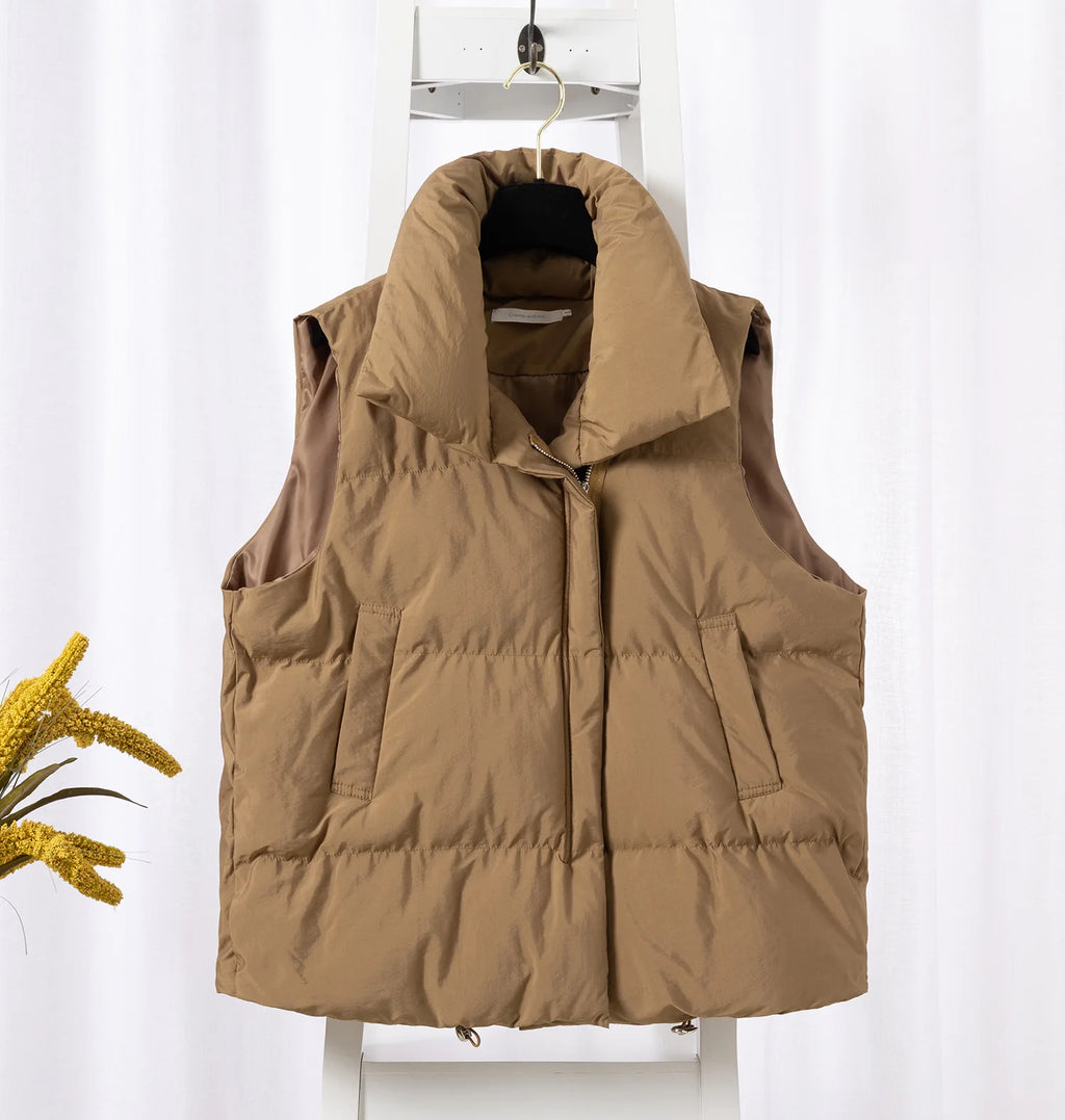 Women's Sleeveless Down Vest – Thick Zip-Up Adjustable Waist Winter Outerwear