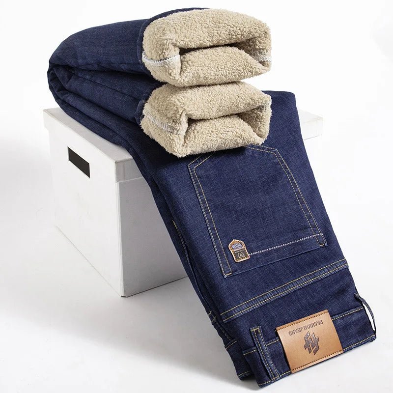 Men's Fleece-Lined Straight Denim Jeans — Warm Thick Winter Stretch Jeans