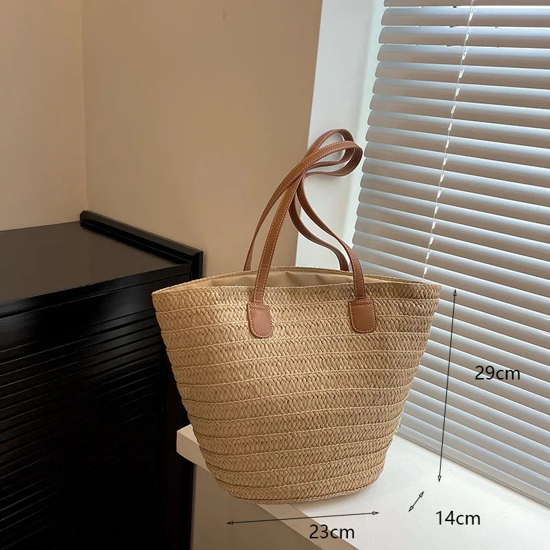 Handmade Straw Rattan Woven Tote Bag – Bohemian Beaded Summer Beach Shoulder Bag for Women