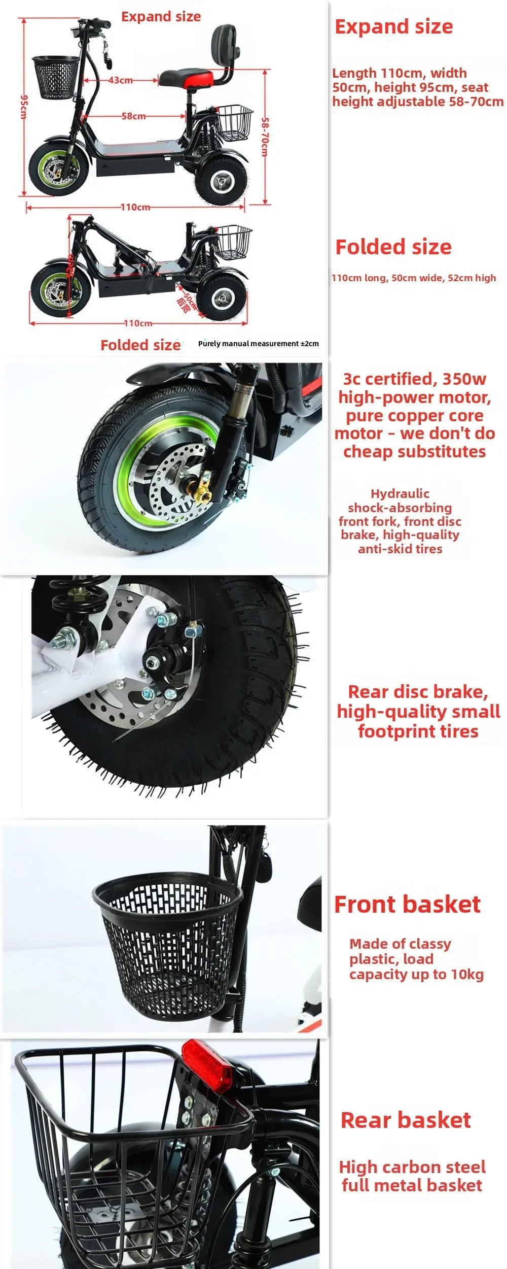 3-Wheel Electric Mobility Scooter – 350W, 48V, 30–55 km Range