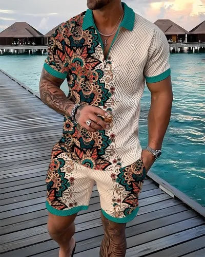 Men's 3D Printed Summer Tracksuit Set – Short Sleeve Polo Shirt & Shorts