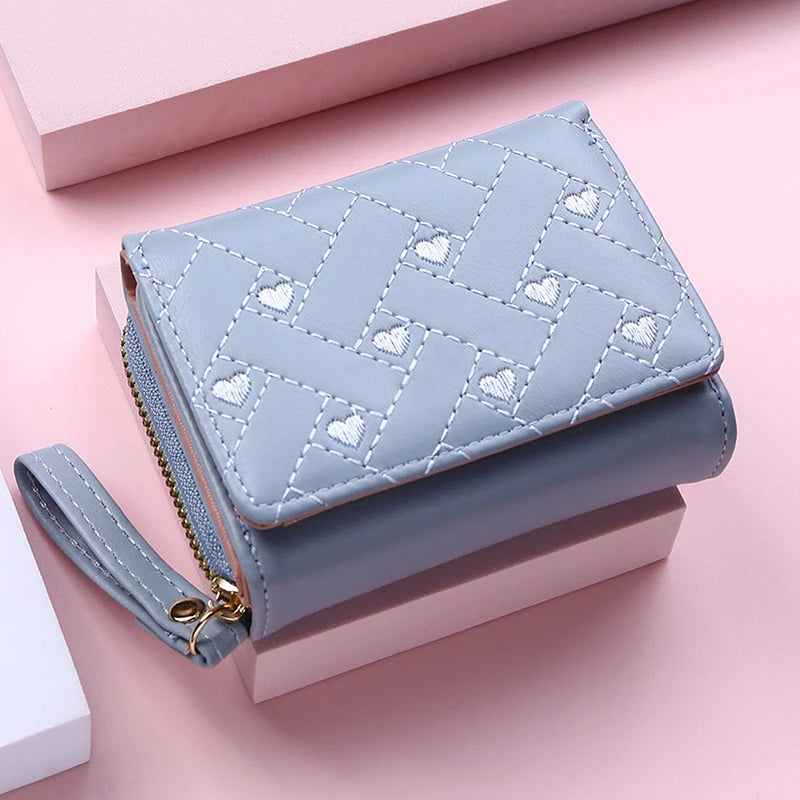 Women's Tri-Fold Wallet – Embroidered Love Pattern, Multi-Slot Card Holder