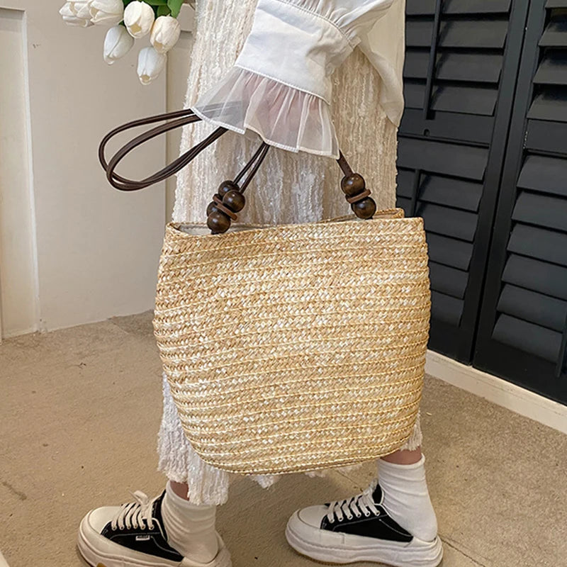 Handmade Straw Rattan Woven Tote Bag – Bohemian Beaded Summer Beach Shoulder Bag for Women
