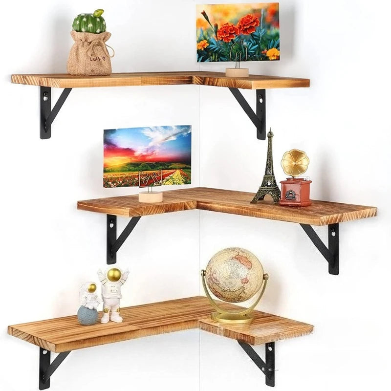 L-Shaped Wood Corner Floating Shelves — Wall-Mounted Bookshelf for Living Room, Bedroom & Kitchen