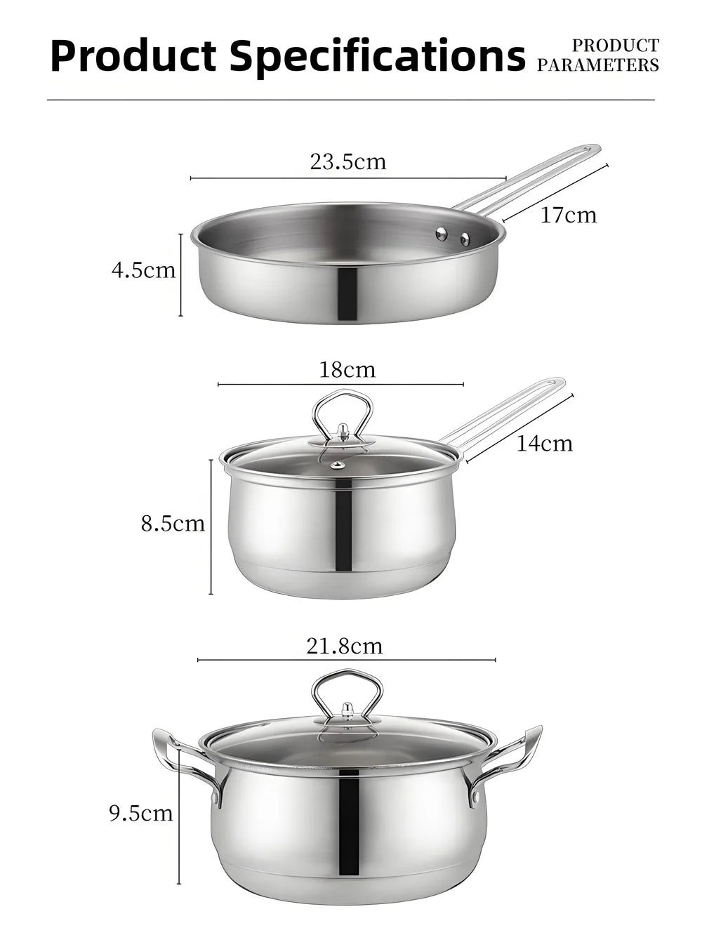 3-Piece Stainless Steel Cookware Set – Stockpot, Saucepan & Frying Pan