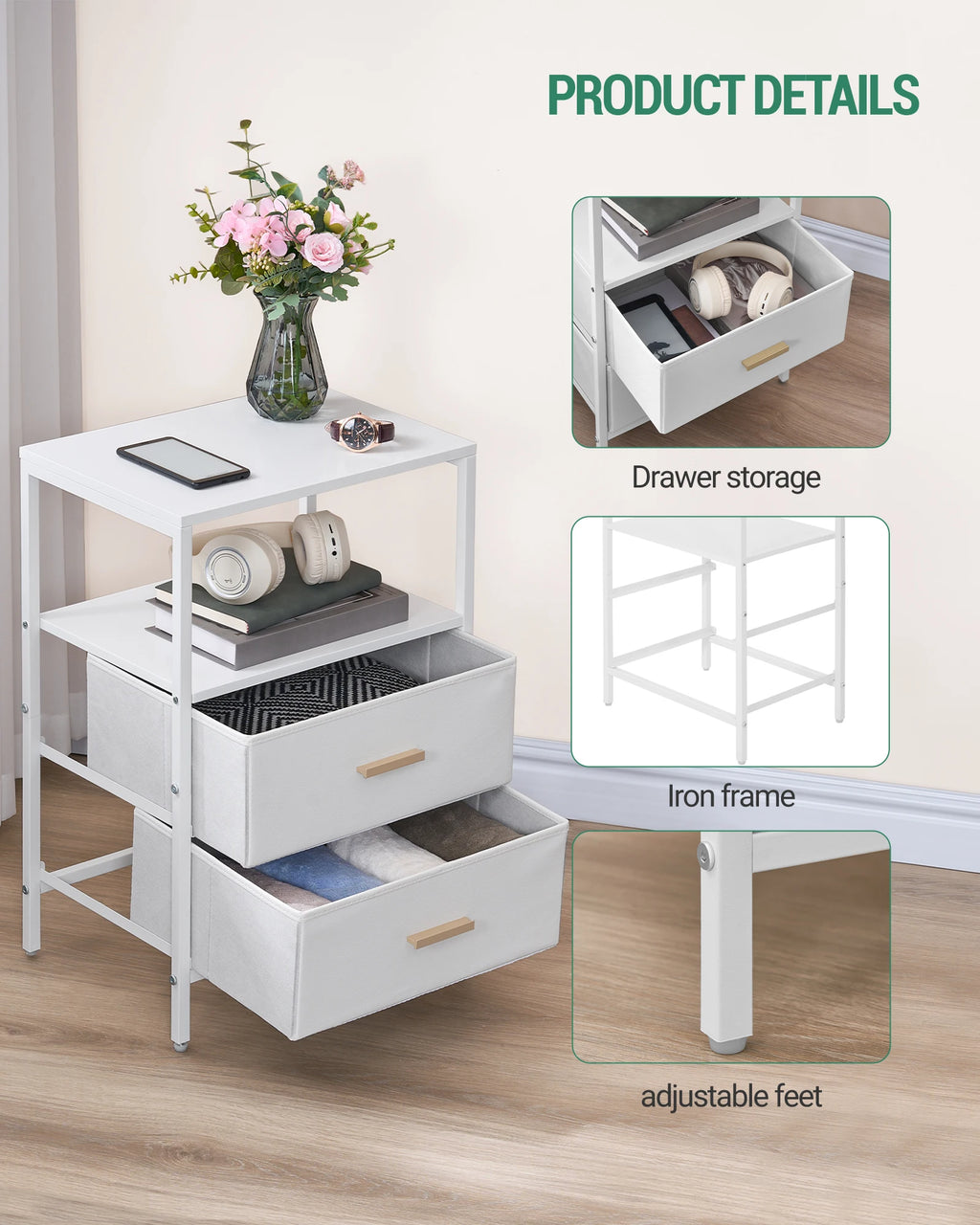 Bedside Table set of 2, Side Table with 2 Storage Drawers, Open Compartment, Coffee Table, Bedside Table Bedroom, White