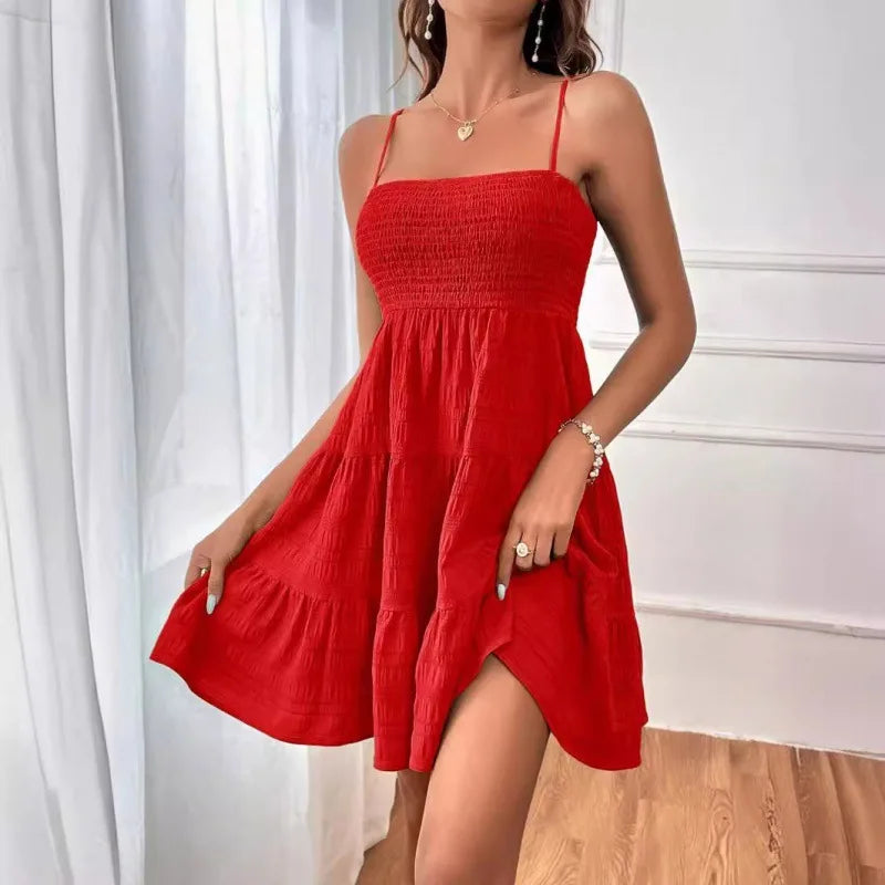 Women's Smocked Bustier Ruffled Tiered Swing Mini Dress – Spaghetti Strap Beach Vacation Dress
