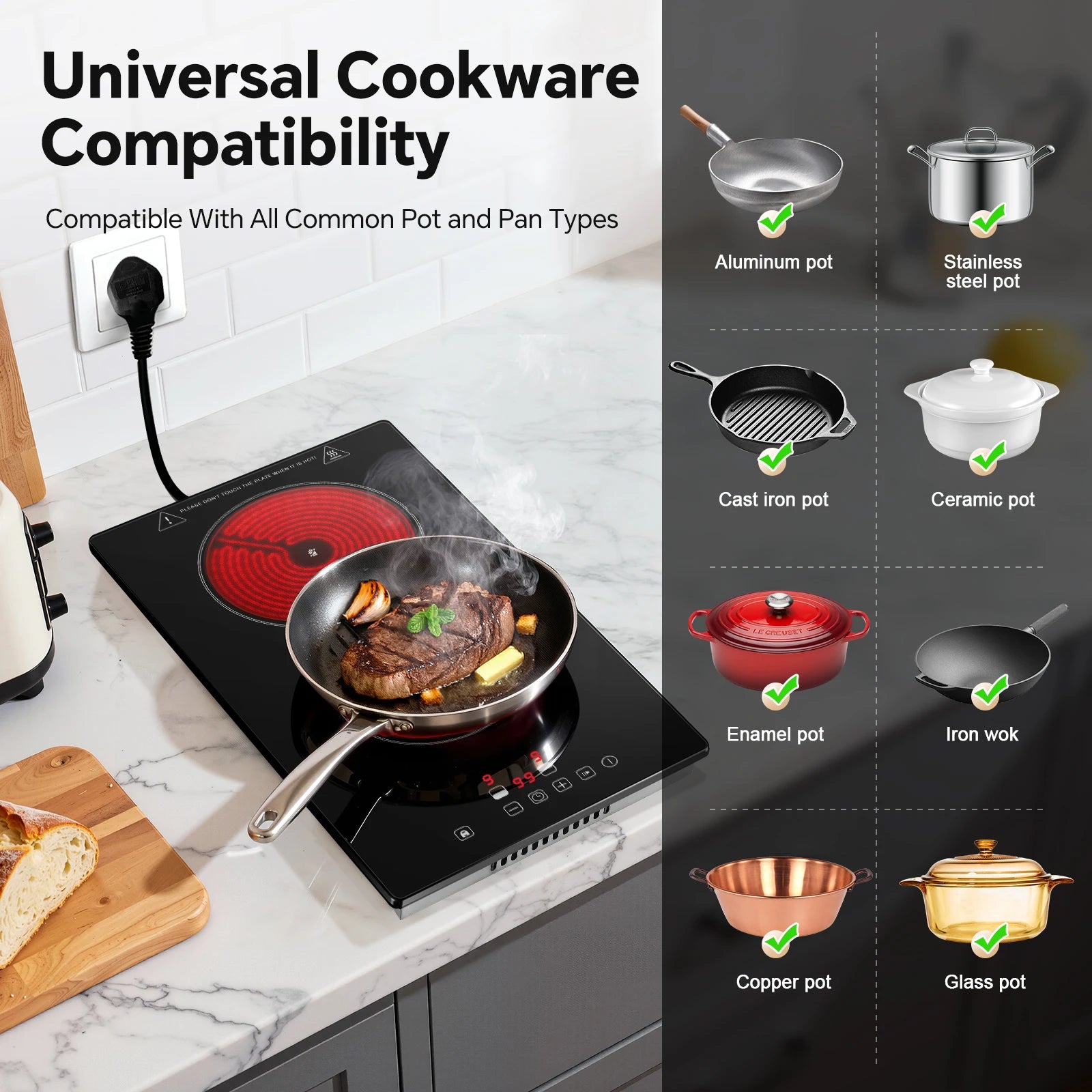 2-Zone Ceramic Hob – 3000W, Child Lock, 9 Heat Levels, 1-99 Min Timer, 60cm Black Glass (CE Certified)