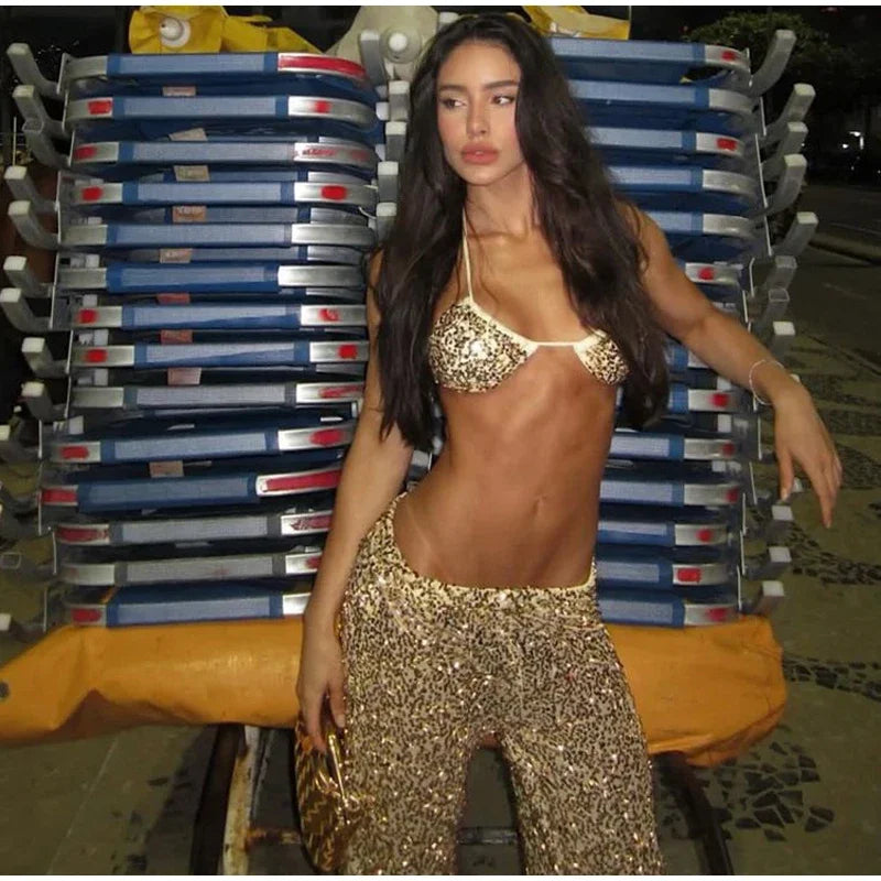 Sexy Sequin Bikini Pants 2-Piece Set | Off-Shoulder Halter, Sleeveless, Holiday Beach Outfit, S-L