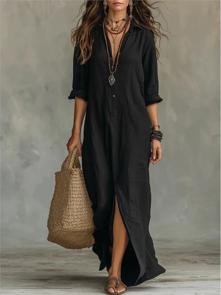 Women's Casual Long Sleeve Loose Maxi Dress – Solid Color Turn-Down Collar Beach & Elegant Dress