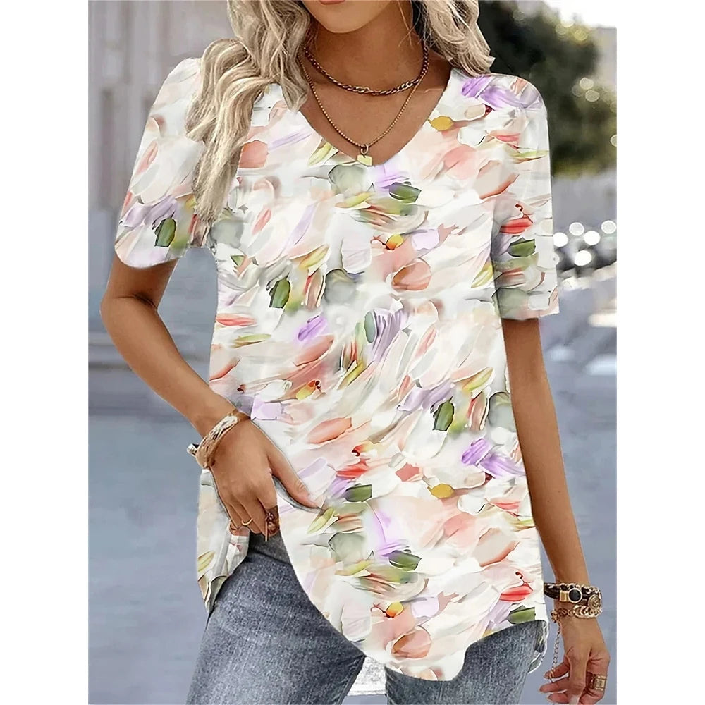 Women's 3D Flower Print V-Neck T-Shirt – Kawaii Oversized Summer Top & Blouse