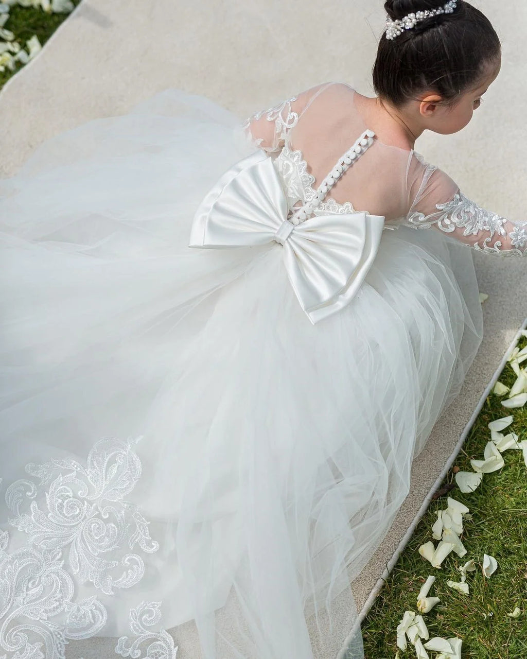 Long Sleeve Flower Girl Dress — White Lace Tulle First Communion & Bridesmaid Dress