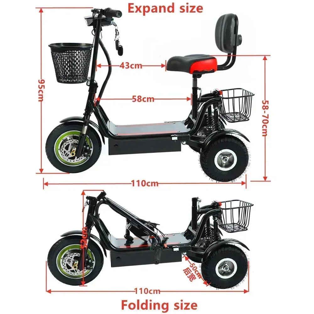 3-Wheel Electric Mobility Scooter for Adults, Folding Tricycle with Basket