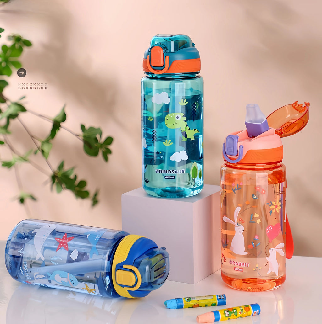 600ml Dinosaur Kids Water Bottle – BPA-Free Silicone Straw Sippy Cup, Leakproof with Carry Rope
