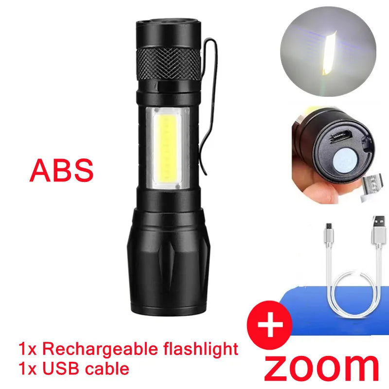 PwwQmm Mini XPE+COB Flashlight – 500 Lumen, Zoomable, 3-Mode, USB Rechargeable, Waterproof Camping Light