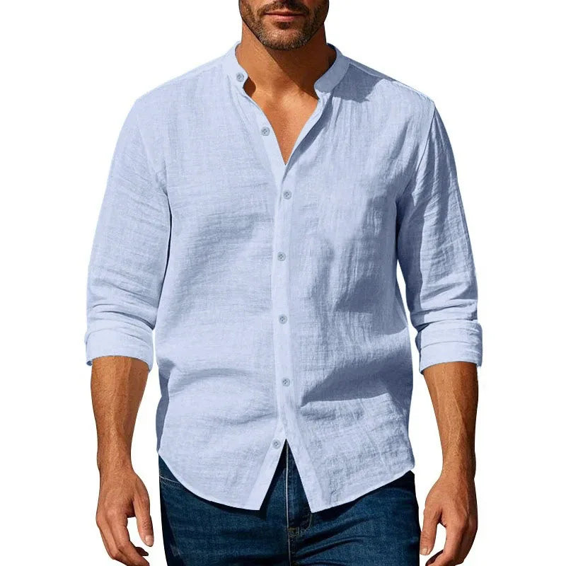 Men's Cotton Linen Henley Long Sleeve Shirt — Slim Fit Breathable Button-Up