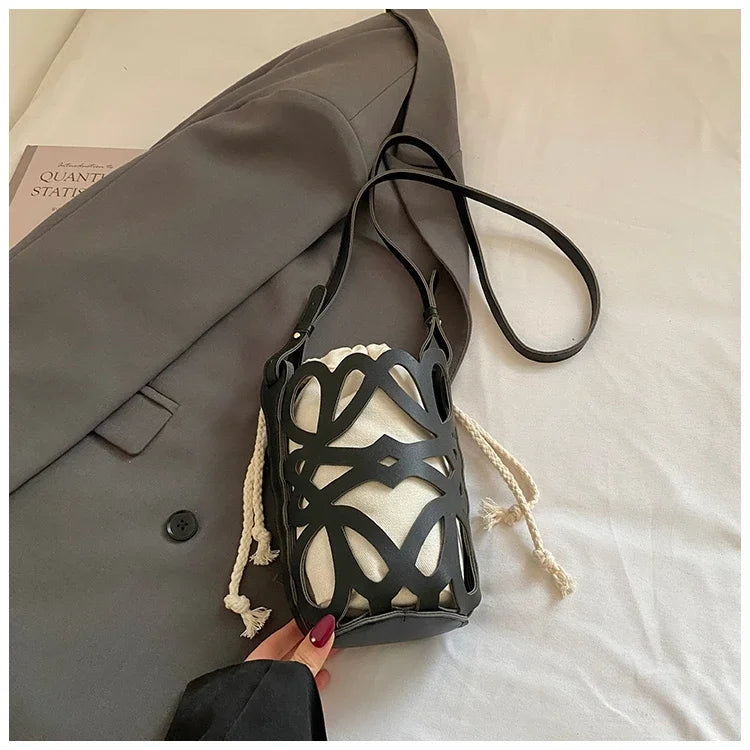 Brilliant Fish Hollow Out Drawstring Mini Bucket Crossbody Bag – Adjustable Strap Shoulder Bag for Women