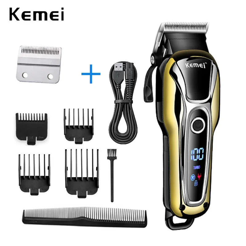 Kemei KM-1990 Professional Hair Clipper – LCD Display, 120-Min Battery, Almighty Grooming Set
