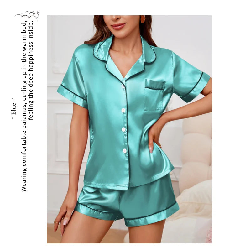 Women's Satin Button Down Pajama Set | 2-Piece Silk Sleepwear Top & Shorts
