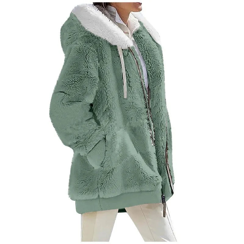 Women's Hooded Zip-Up Fleece Jacket – Loose Casual Solid Color Coat