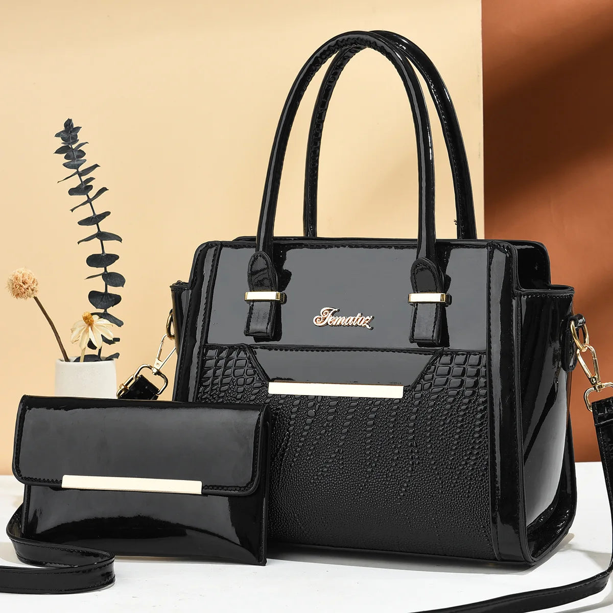 Luxury 2-Piece Patent Leather Composite Shoulder Bag Set – Designer Crossbody Handbag for Women