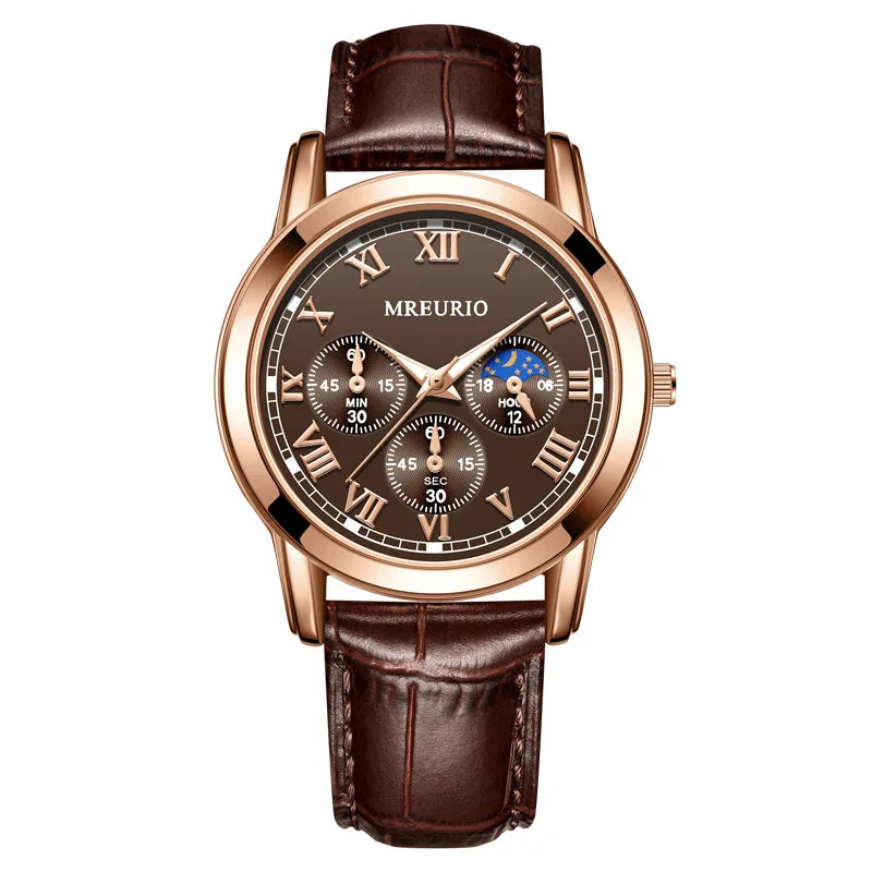 Men's Moon Phase Chronograph Quartz Watch | Luminous Leather Strap Luxury Sport Wristwatch