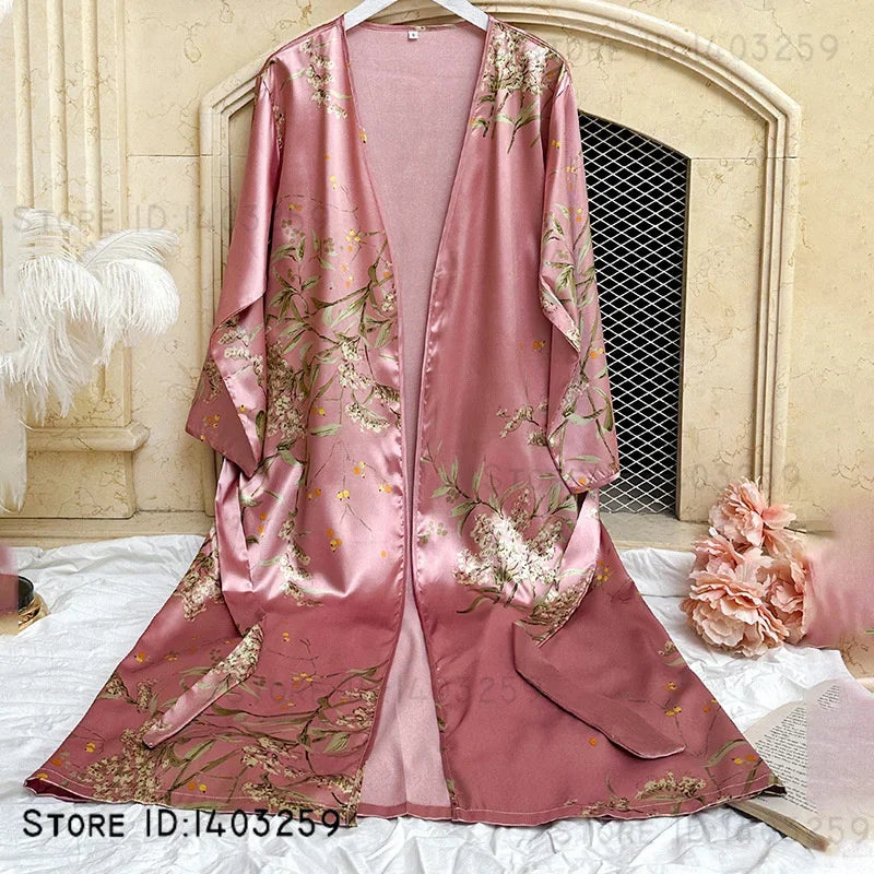 3-Piece Floral Kimono Robe & Pajama Set — Satin Loungewear