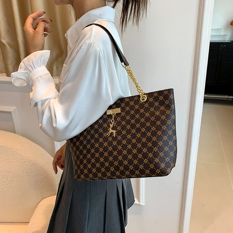 Soft Leather Large Capacity Tote Bag – Women's Shoulder Bag with Hanging Accessories