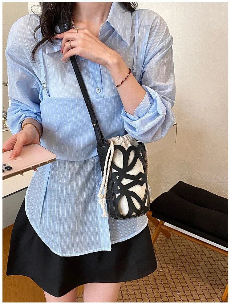 Brilliant Fish Hollow Out Drawstring Mini Bucket Crossbody Bag – Adjustable Strap Shoulder Bag for Women