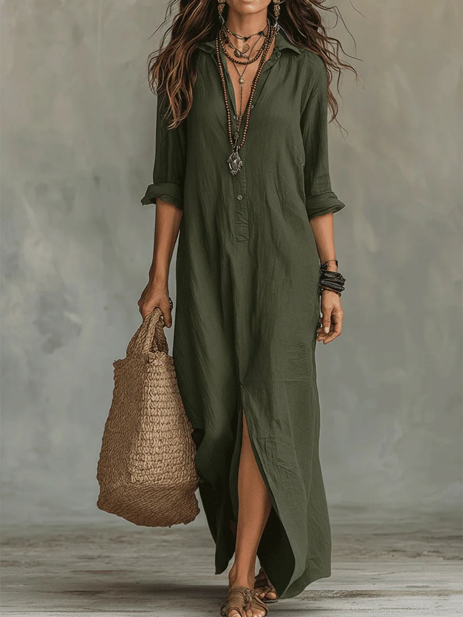 Women's Casual Long Sleeve Loose Maxi Dress – Solid Color Turn-Down Collar Beach & Elegant Dress