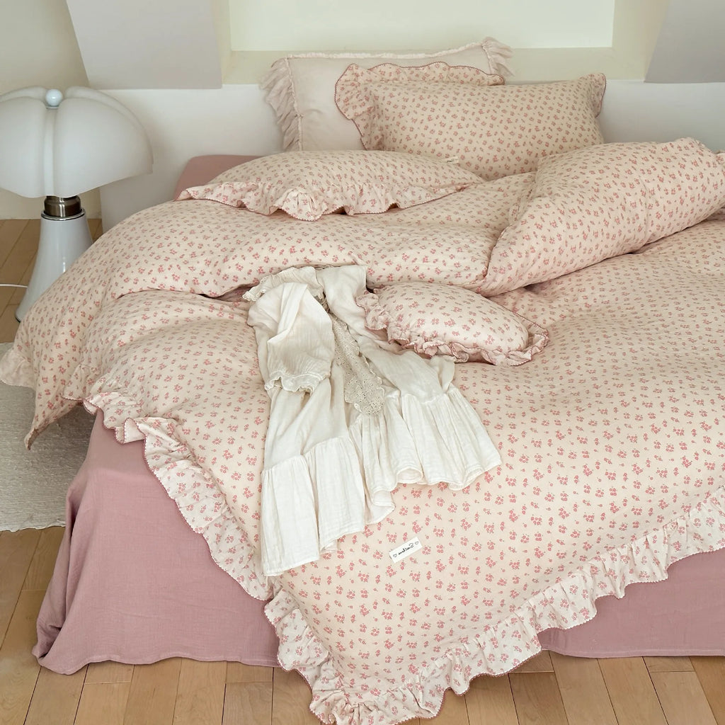 Princess Ruffle Bedding Set – 100% Cotton Gauze Duvet Cover with Pillowcases, Floral, 3-Piece