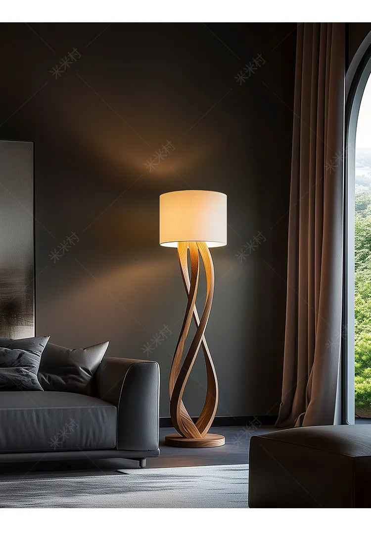 Wood Floor Lamp – Sculpted Base and Fabric Shade