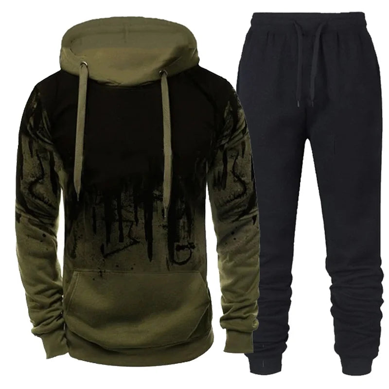 Men's Camouflage 3D Ink Print Hoodie & Jogger Pants Tracksuit Set – 2-Piece