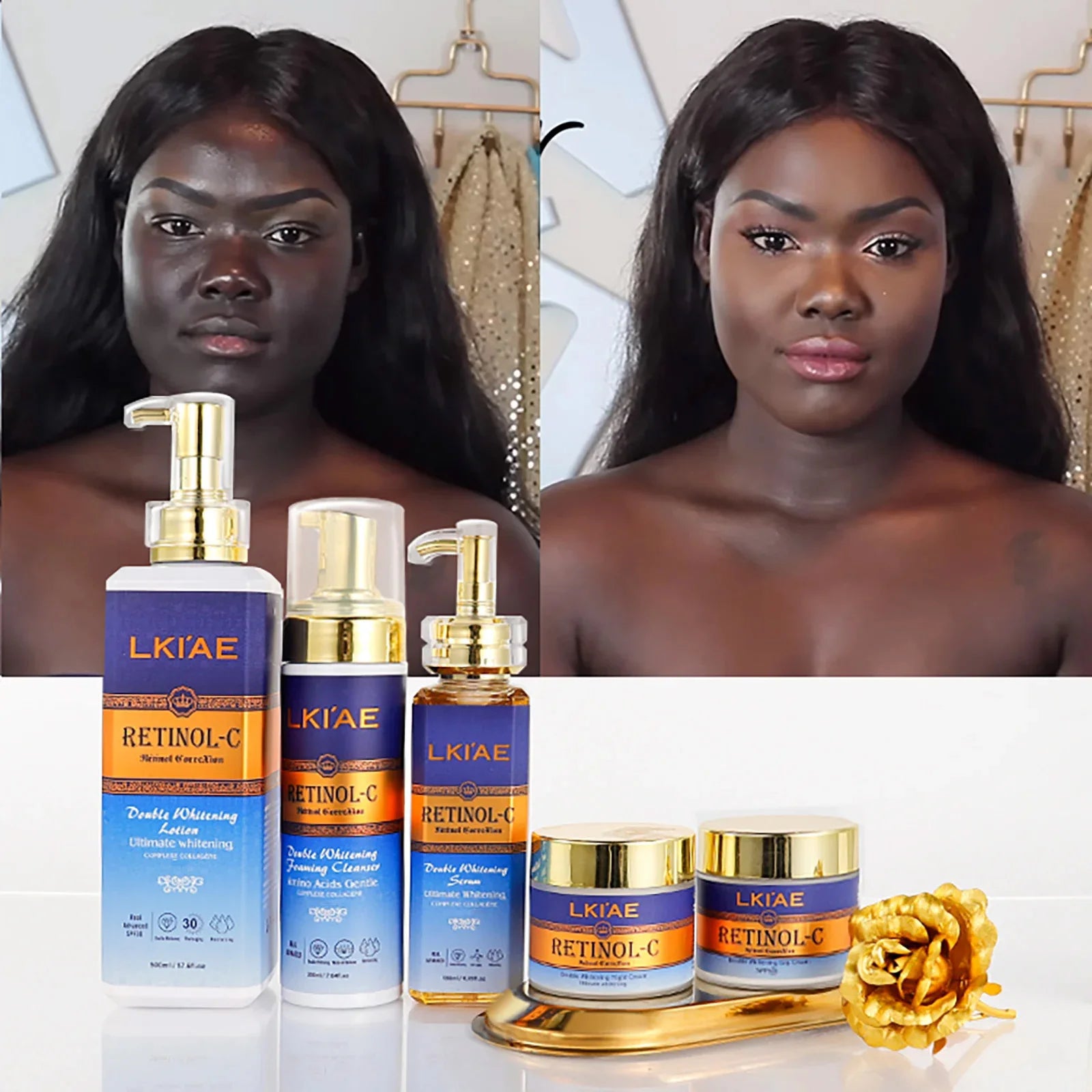AILKE Retinol Double Whitening 5-in-1 Skincare Kit – Body Lotion, Face Cream, Serum & Cleanser for All Skin Types