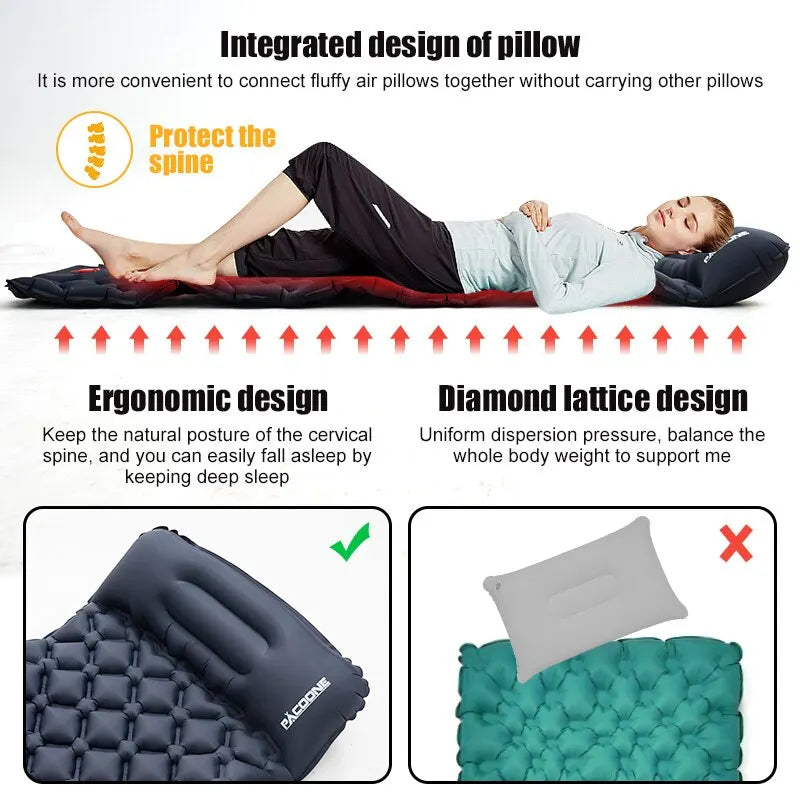 Outdoor Camping Inflatable Mattress with Pillow – Ultralight Air Mat with Built-In Pump for Hiking