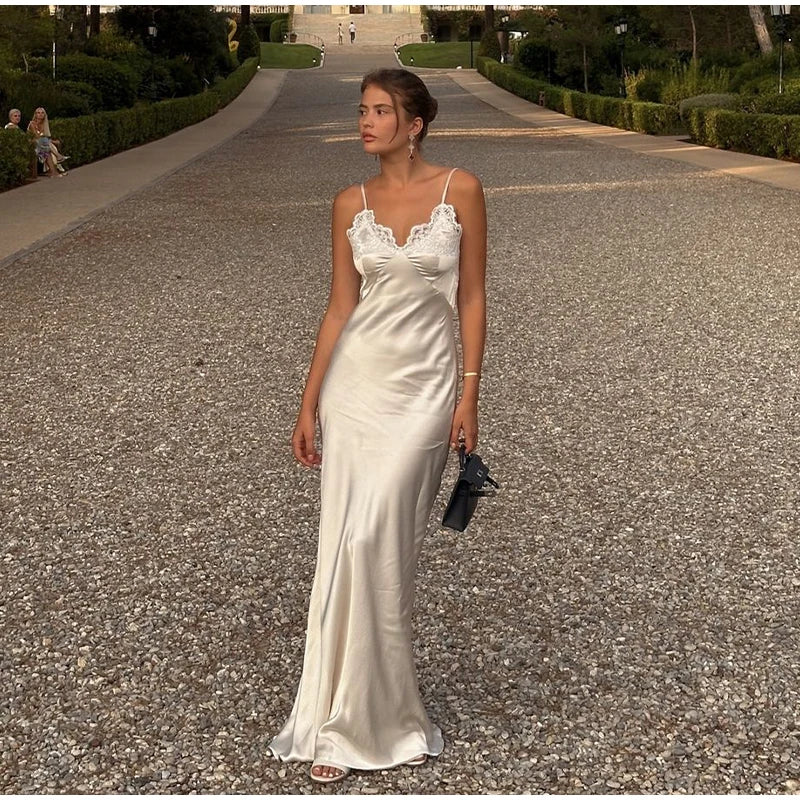 Lace Patchwork Satin Maxi Gown — V-Neck Sleeveless Backless Evening Dress