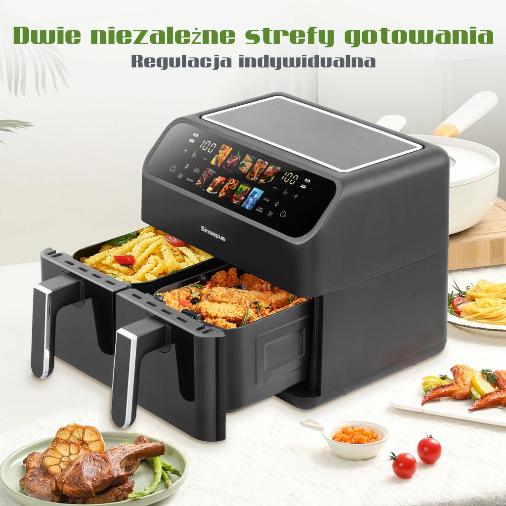 Sinaopus 9L Dual Basket Air Fryer – LED Touch Control, Visible Window, Oilless Cooker for Large Family Meals