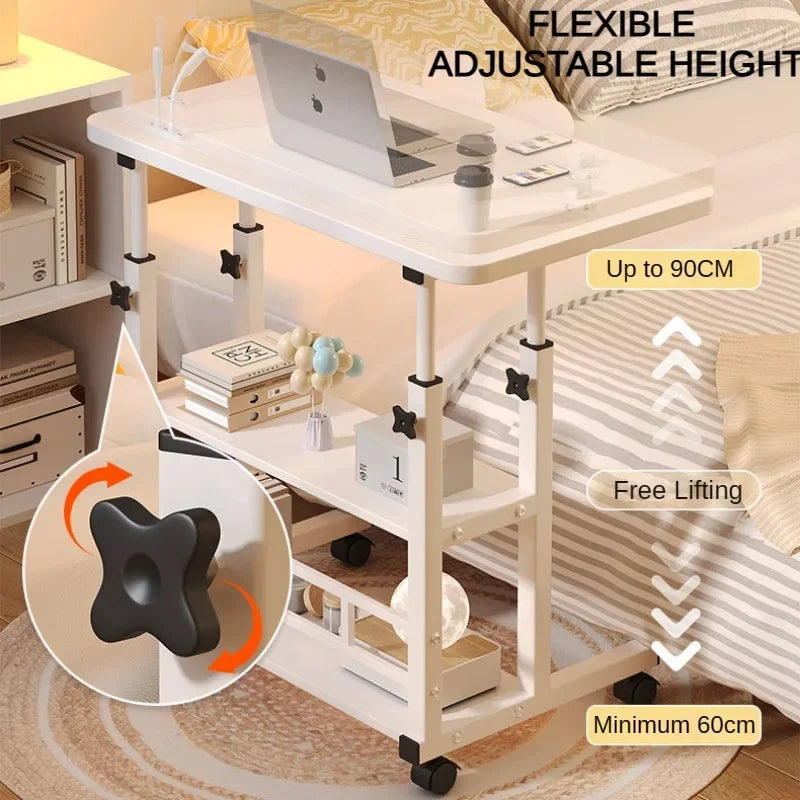 Mobile Adjustable Height Desk with Storage Shelf — Rolling Bedside Desk, Optional USB Fan & Light, 60–90cm