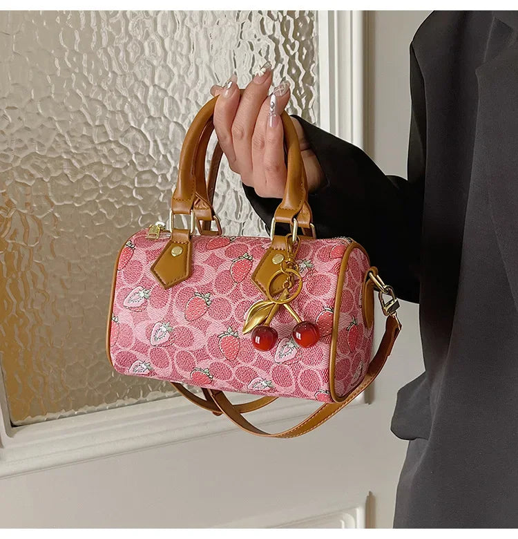 Cherry Print PU Leather Boston Crossbody Shoulder Bag – Luxury Designer Handbag for Women