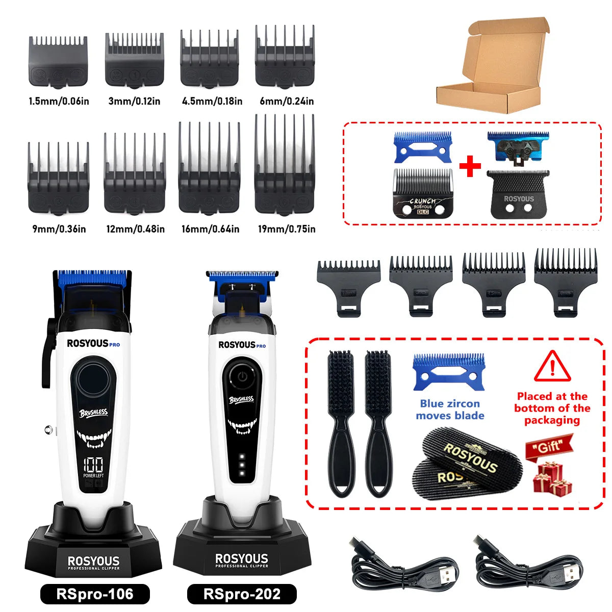 ROSYOUS Professional Brushless Hair Clipper – DLC Blade, LED Display, Base Charger, 240-Min Runtime
