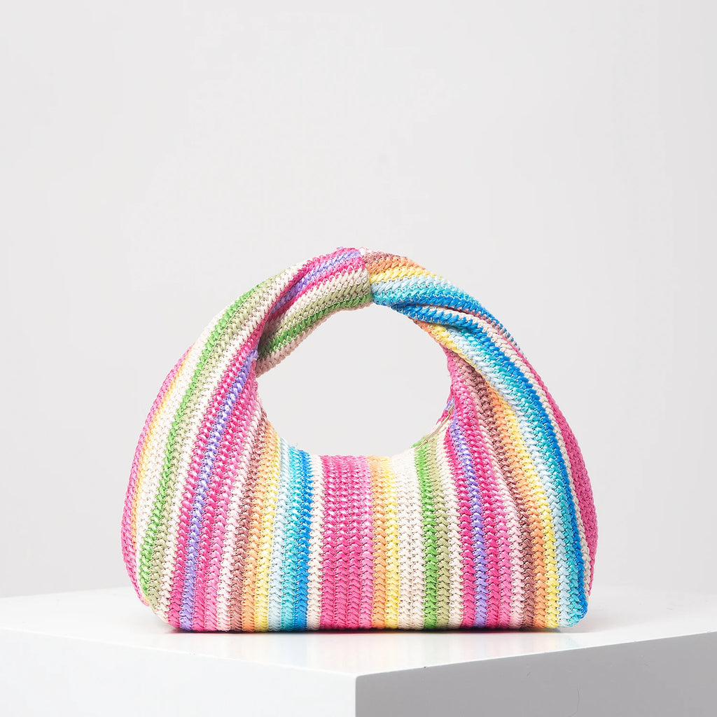 Colorful Ruched Striped Square Beach Bag – Summer Vacation Shoulder Bag for Women