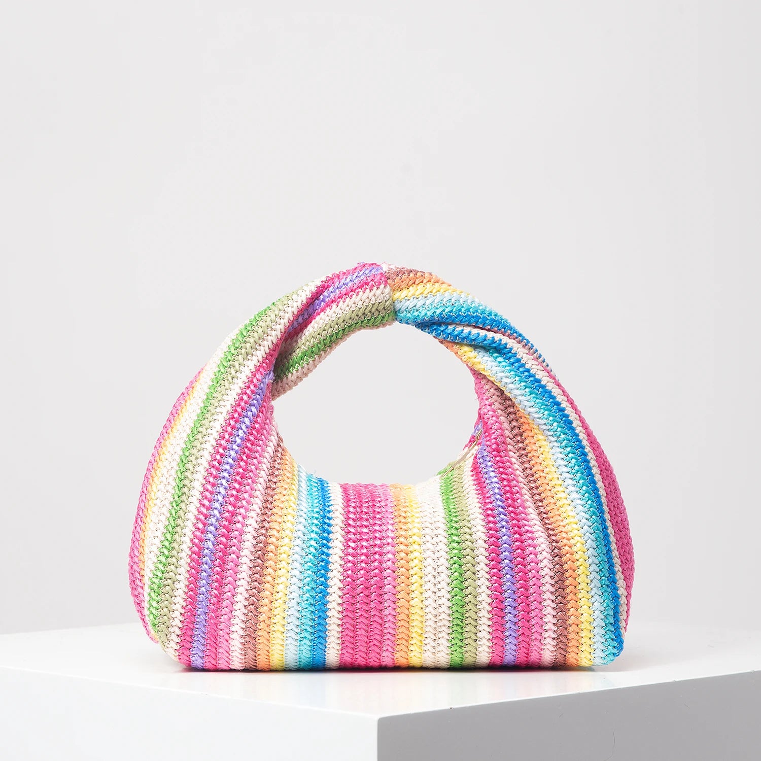 Colorful Ruched Striped Square Beach Bag – Summer Vacation Shoulder Bag for Women